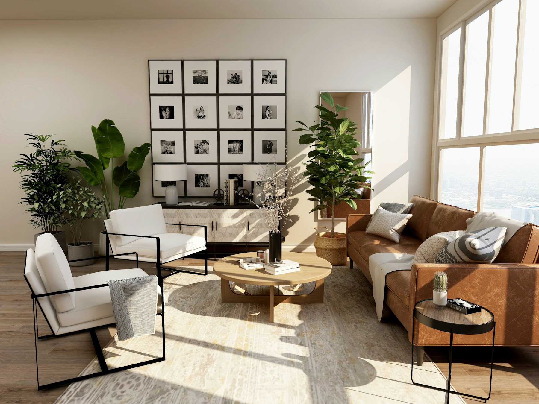 Warm, sunlit living room with natural materials and inviting furnishings